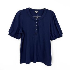 J.CREW Smocked Henley Knit Top L Antique Navy Blue Puff Sleeve NWT B33